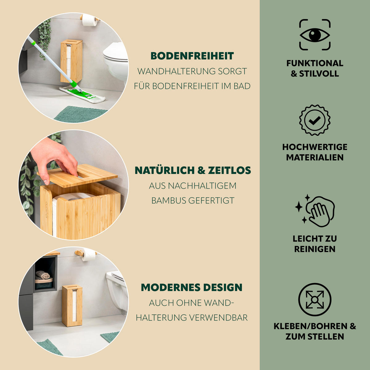 TOILETTENPAPIERAUFBEWAHRUNG, Bambus, eckig - Braun, Holz (14.5/34/14.5cm) - eluno