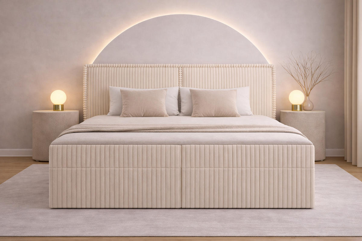 BOXBETT 04 140 x 200 cm - Ambience – Modernes Polsterbett mit Bettkasten, Topper und gepolstertem Kopfteil, Stoffbezug, Stauraumbett - Creme, Holz (140/200cm) - ROYAL24_MARKT
