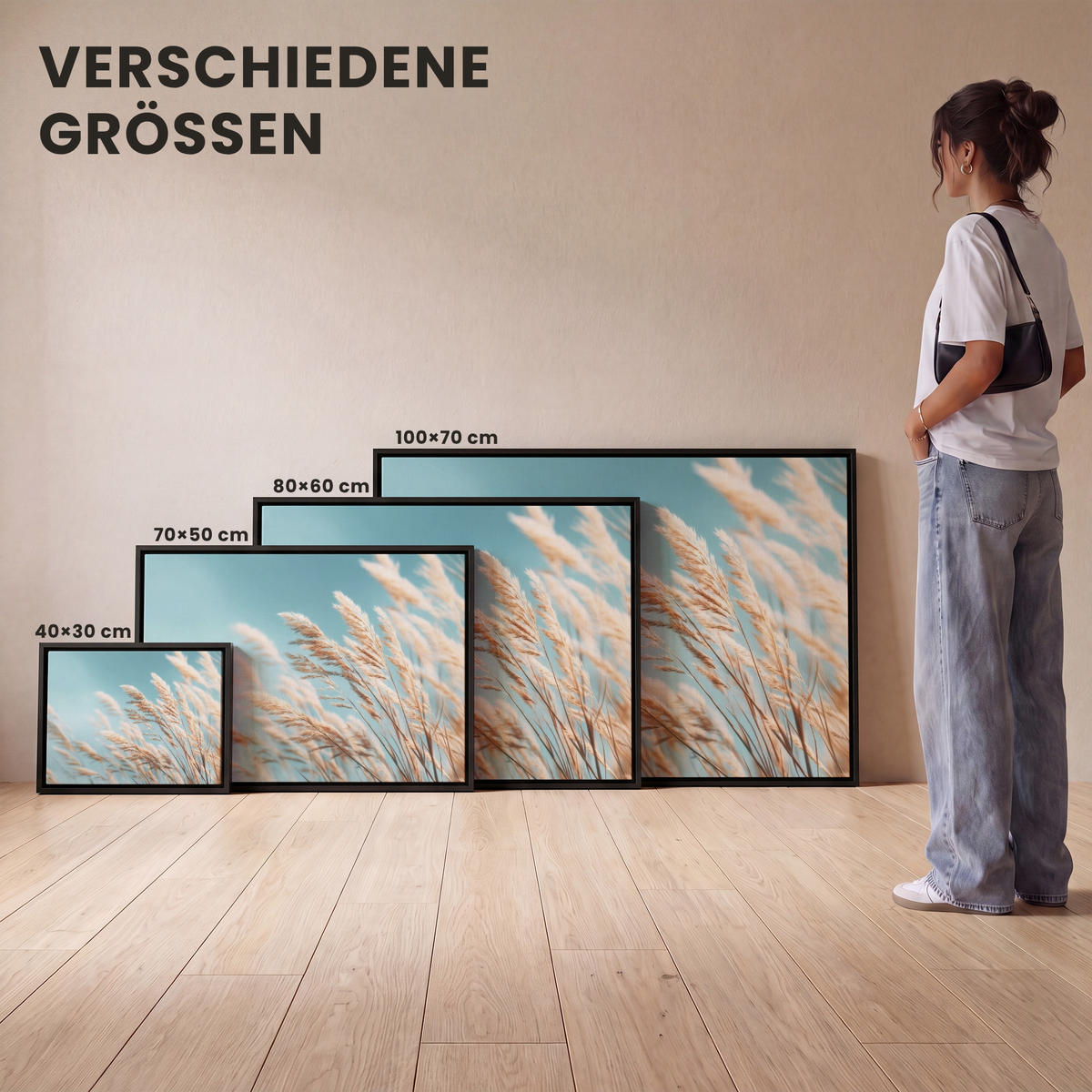 LEINWAND Bilder mit Rahmen - Ziergras - Wind - Hellbraun - 40x30 - Hellblau, Textil (40/30cm) - MuchoWow