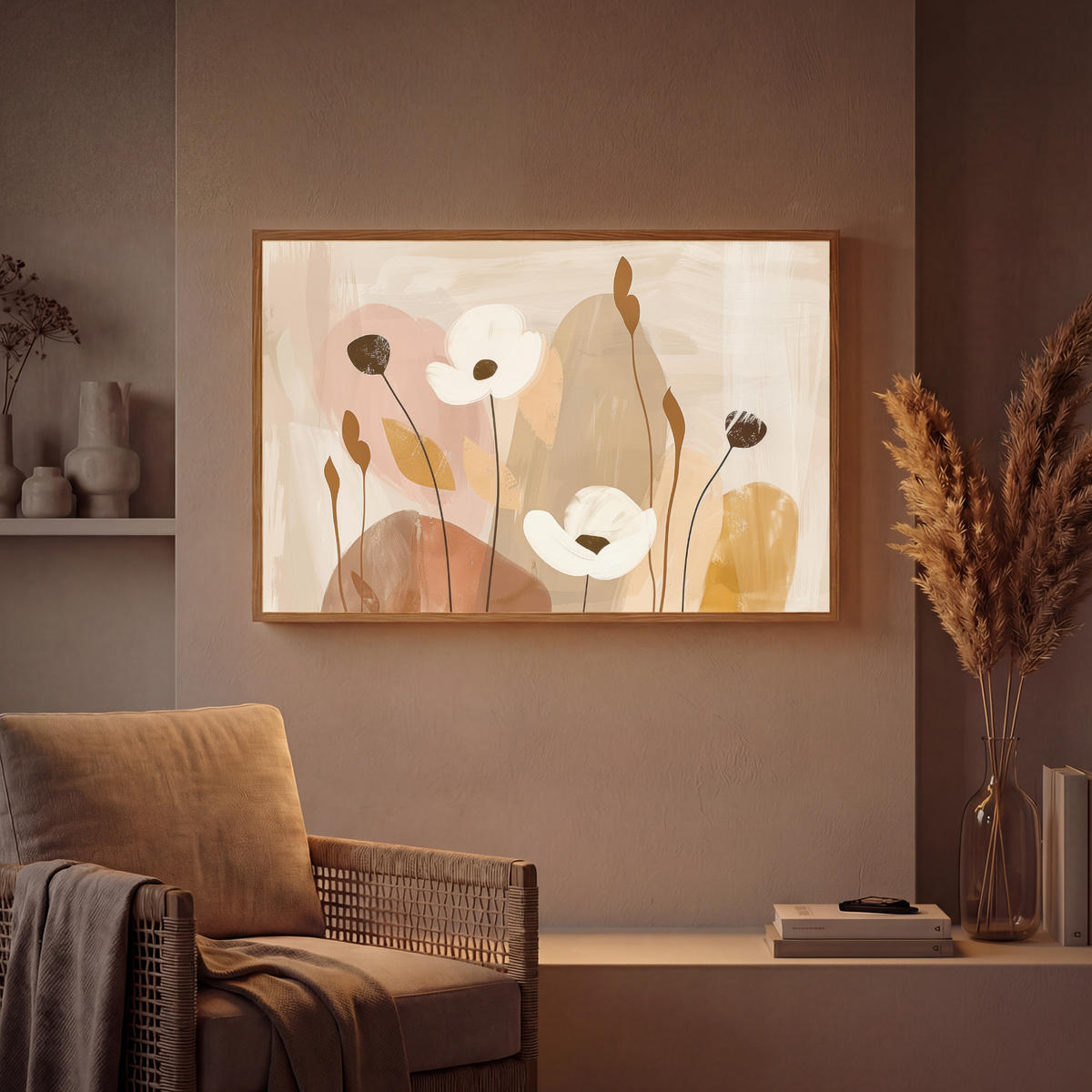 WANDLEUCHTE MIT AKKU Blumen - Abstrakt - Beige - Strichzeichnung 100x70 cm - Sandfarben, Holzwerkstoff (100/70/8cm) - OnlyWow