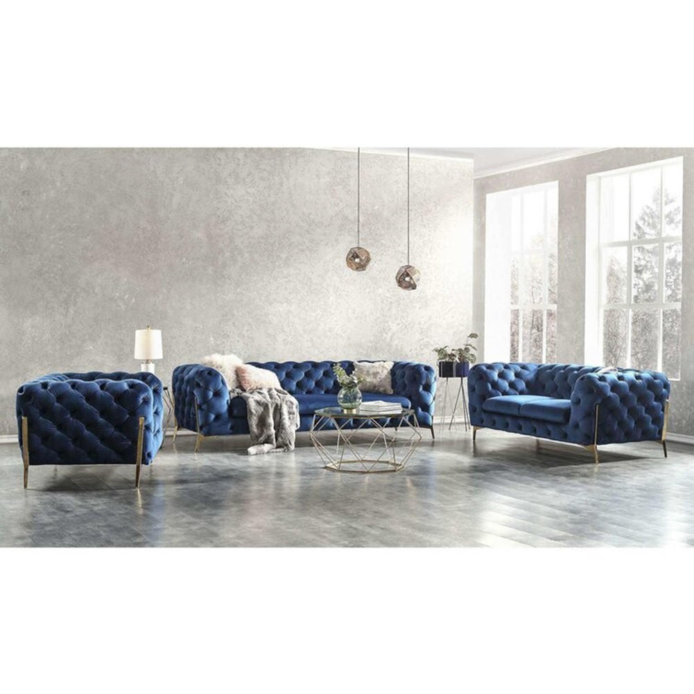 SITZGARNITUR 3+2+1 Chesterfield Lexi Marineblau Samt - Goldfarben/Dunkelblau, Holz/Textil (243/75/100cm) - S-Style Möbel