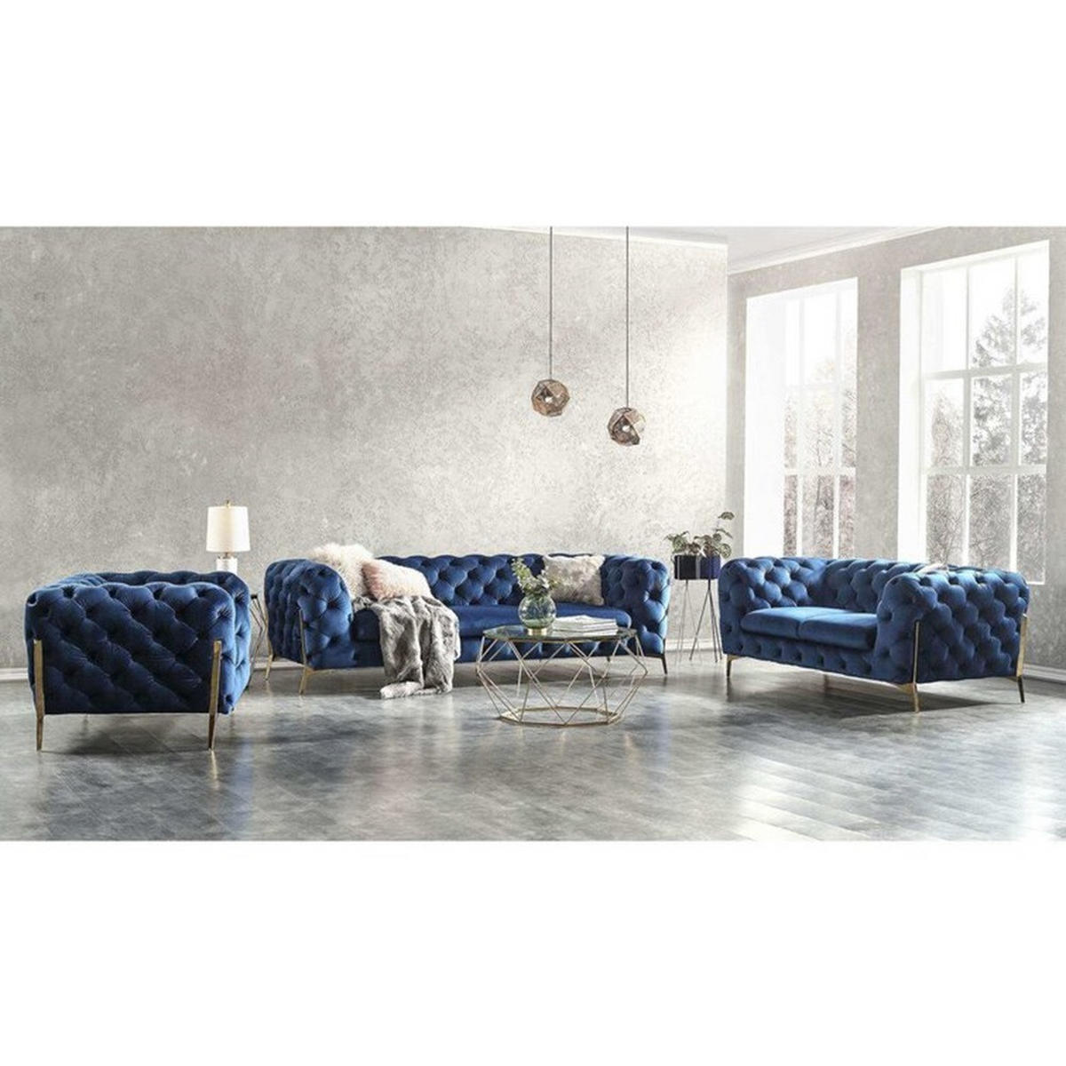 SITZGARNITUR 3+2+1 Chesterfield Lexi Marineblau Samt - Goldfarben/Dunkelblau, Holz/Textil (243/75/100cm) - S-Style Möbel