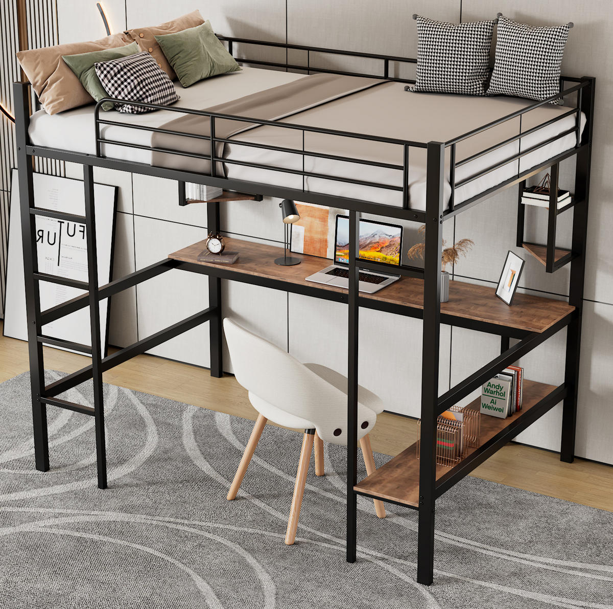 HOCHBETT aus Metall und MDF 90x200 cm Schwarz mit Schreibtisch und Regalen, platzsparendes Design - Schwarz, Metall (90/200cm) - Modfu