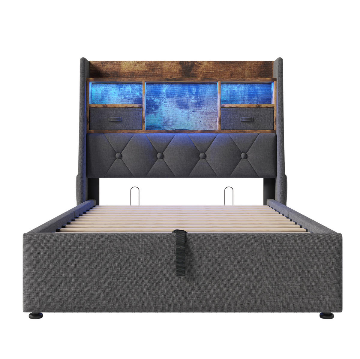 ČALOUNĚNÁ postel 90/200 cm z lnu, šedá, s LED osvětlením, úložným prostorem a matrací - šedá, textil (90/200cm) - BEAOK