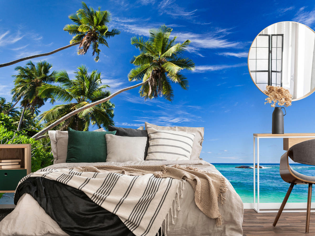 FOTOTAPETE Strand Ozean Palmen Landschaft 3D 450x315 - Türkis/Blau, Papier (450/315cm) - Muralo