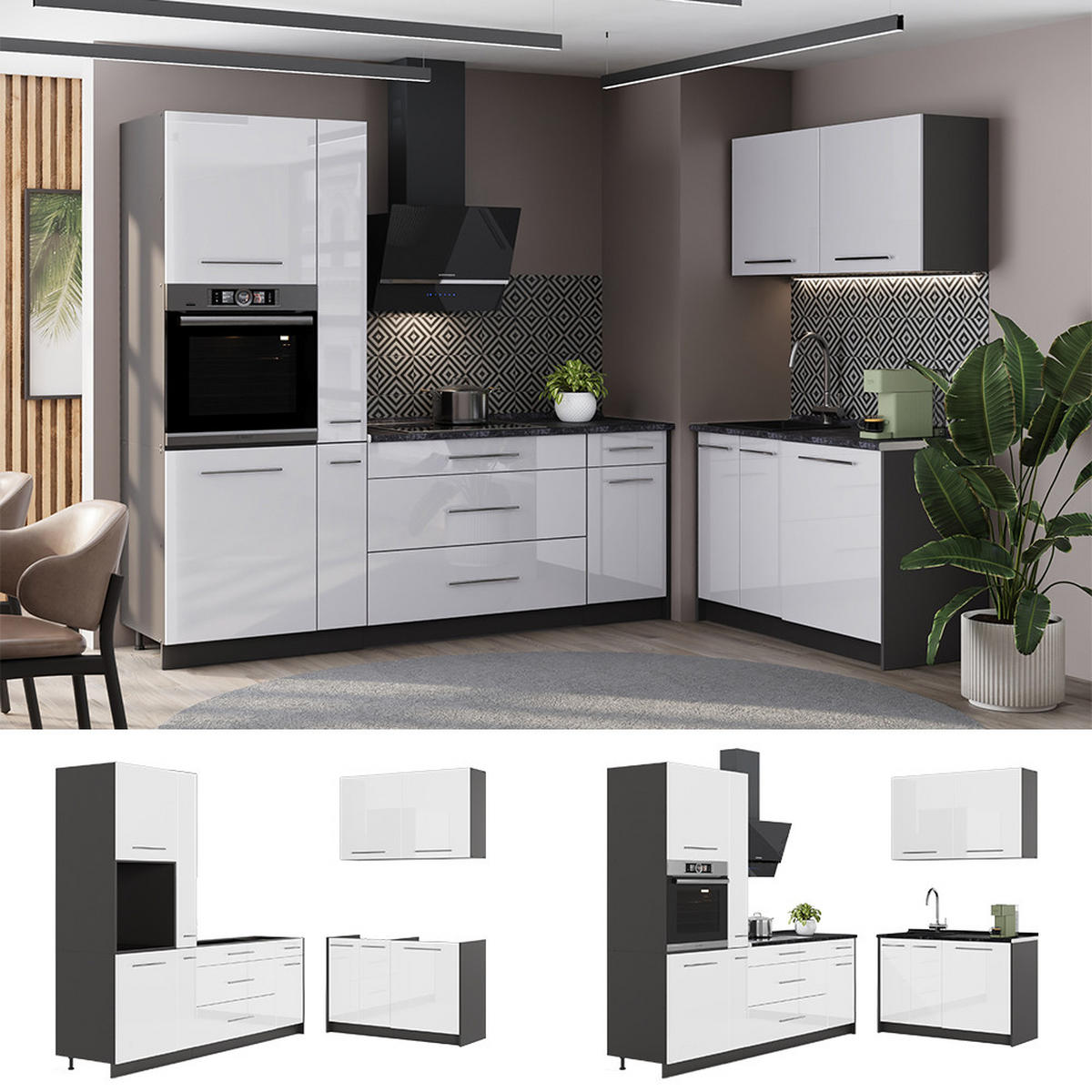 KÜCHENZEILE Fame-Line, Weiß Hochglanz/Anthrazit, 220 x 120 cm, AP Anthrazit - Weiß Hochglanz/Anthrazit, Holzwerkstoff (220/206.8/60cm) - Vicco