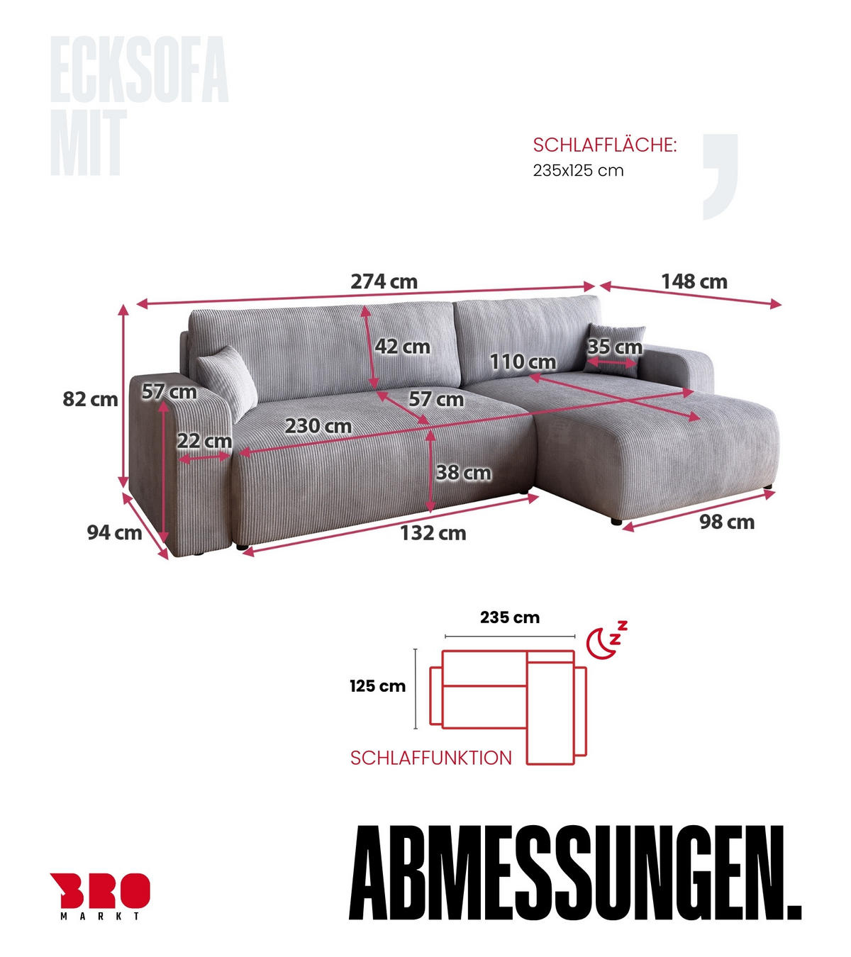 ECKSOFA PUMI XL mit Schlaffunktion Hellgrau Cord - Hellgrau, Textil (274/148cm) - Bromarkt