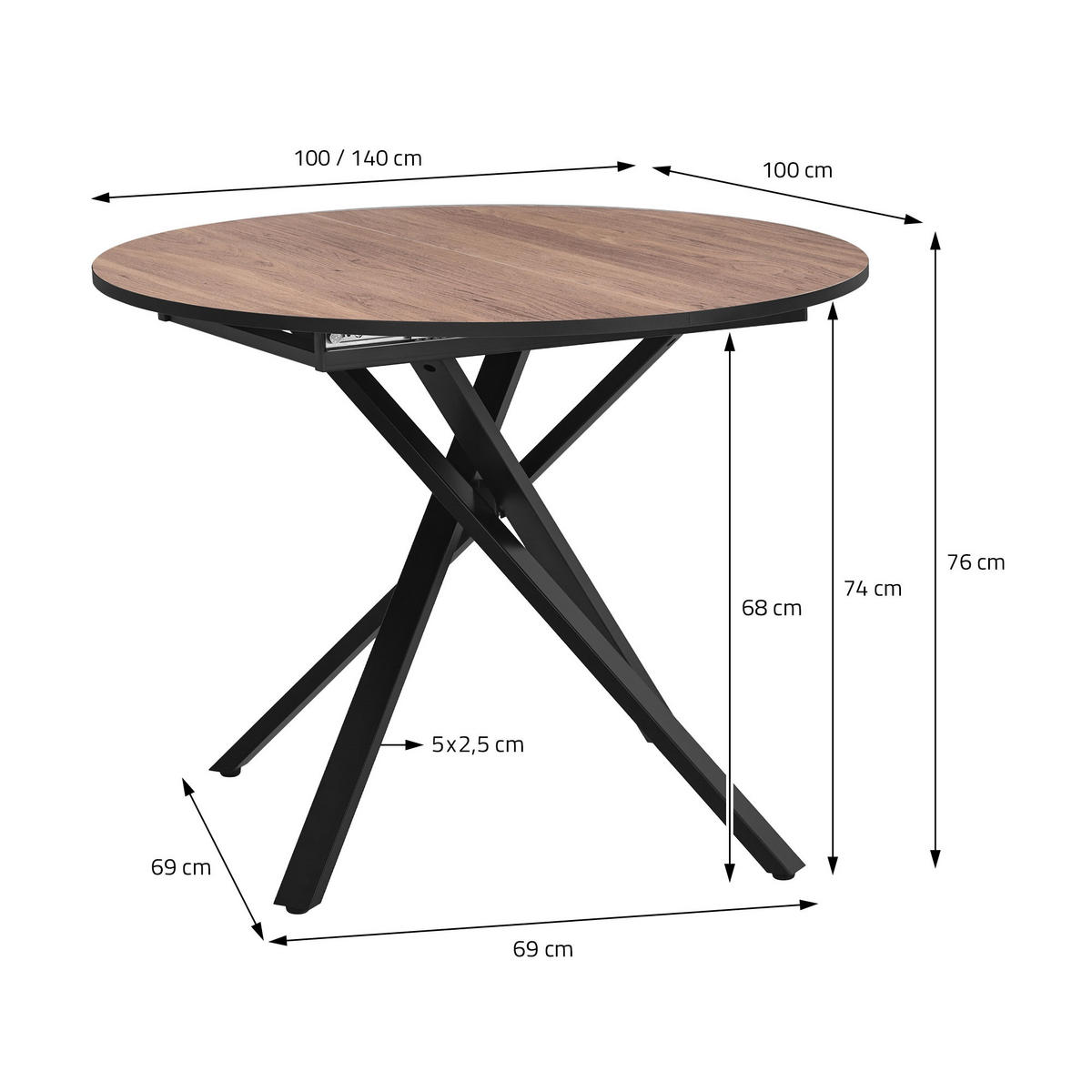 ROZKLÁDACÍ kulatý jídelní stůl v hnědé barvě s imitací dřeva 100–140 × 76 × 100 cm - černá/hnědá, kov/kompozitní dřevo (69/69/76cm) - ML-DESIGN