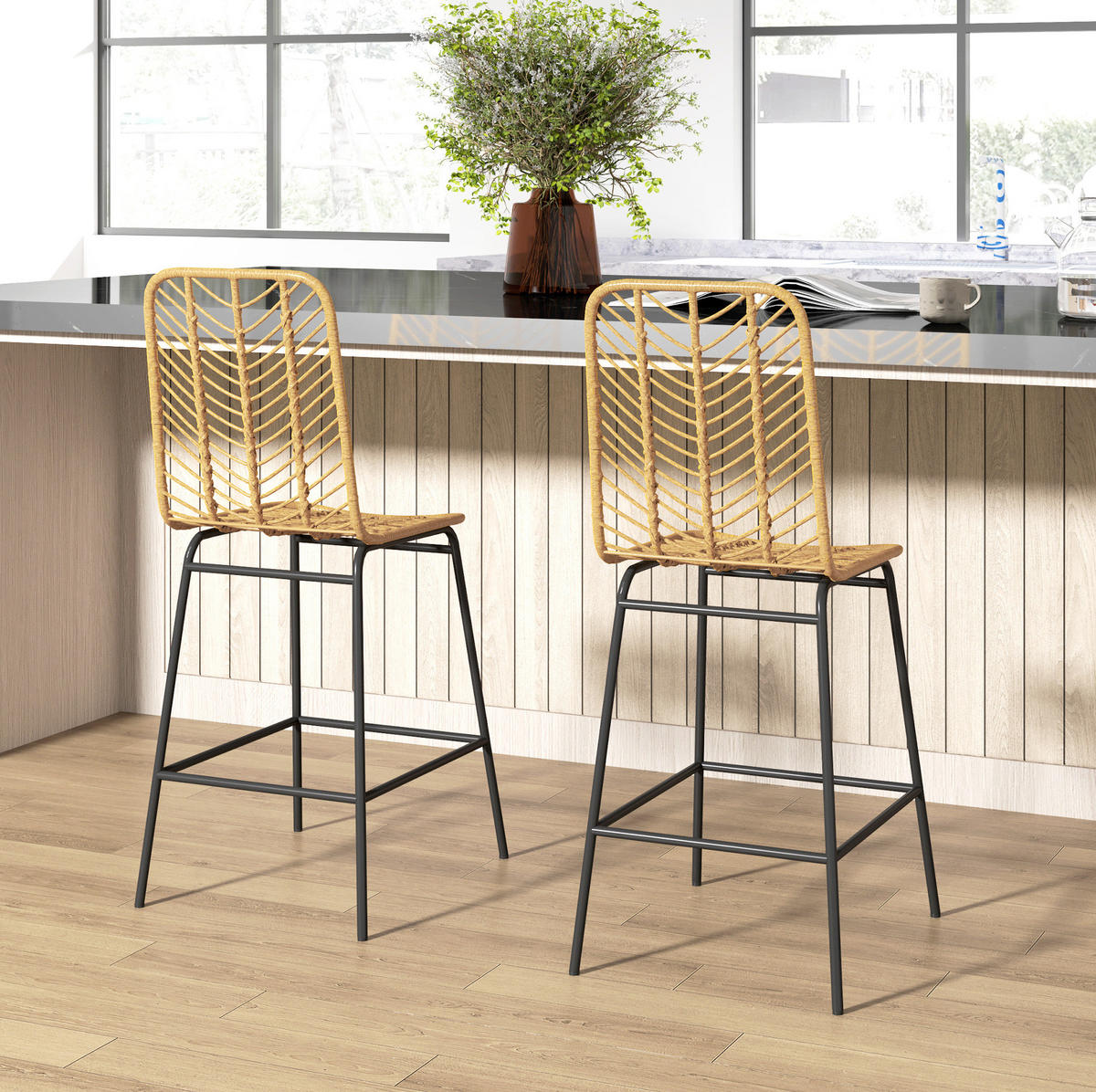 BARHOCKER 42,5/52/102 cm Gelb aus PE-Rattan und Stahl mit Fußstütze - Gelb, Metall (52/102/42.5cm) - OKMYHOME