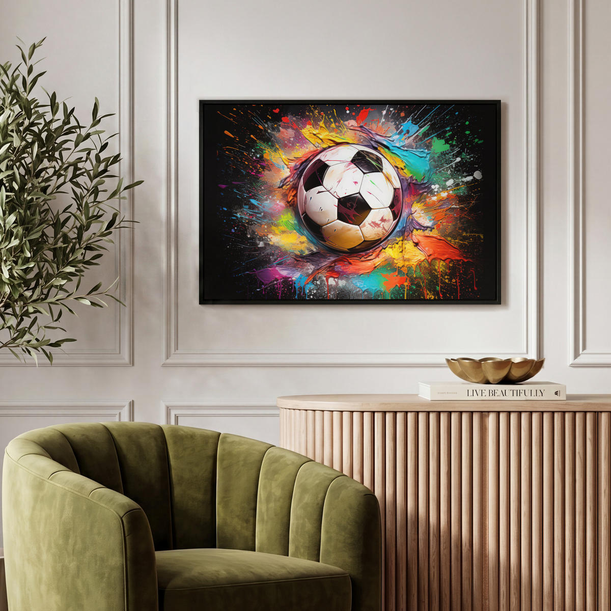 LEINWAND Bilder mit Rahmen - Fußball - Farbe - Farben - Schwarz - Weiß - 60x40 - Weiß, Textil (60/40cm) - MuchoWow