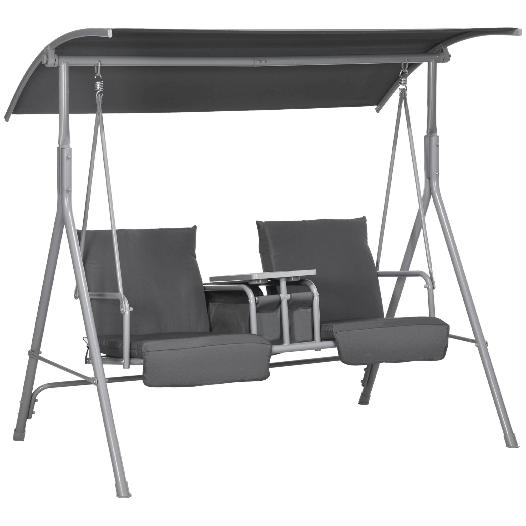 HOLLYWOODSCHAUKEL 2-Sitzer Schaukelbank mit Baldachin, Tasche, Tablett, Schwarz - Schwarz, Metall (110/165/175cm) - Outsunny