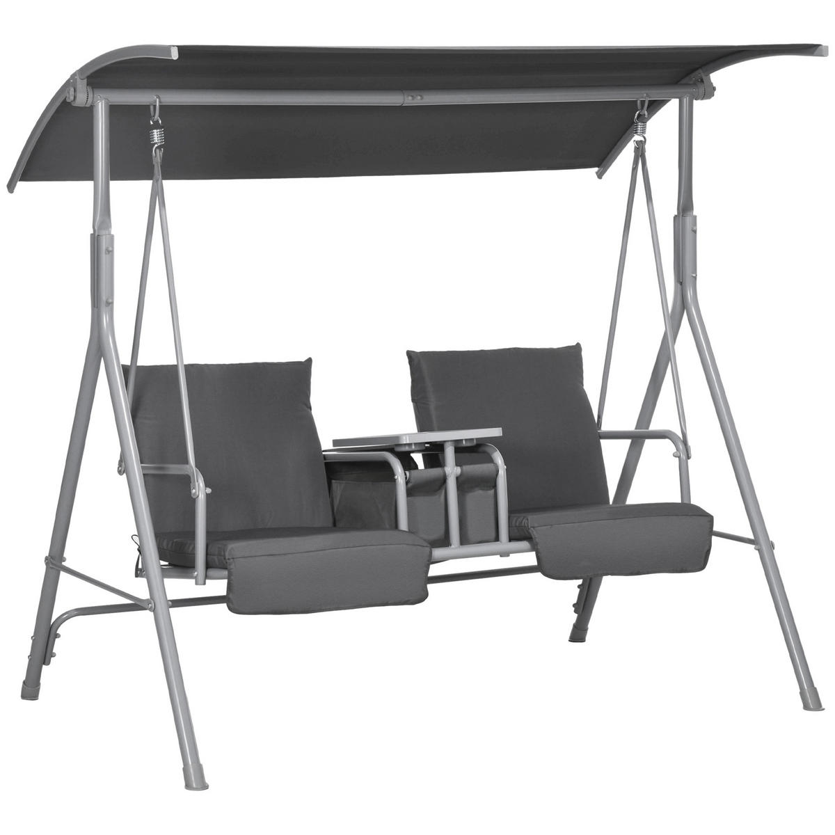 HOLLYWOODSCHAUKEL 2-Sitzer Schaukelbank mit Baldachin, Tasche, Tablett, Schwarz - Schwarz, Metall (110/165/175cm) - Outsunny