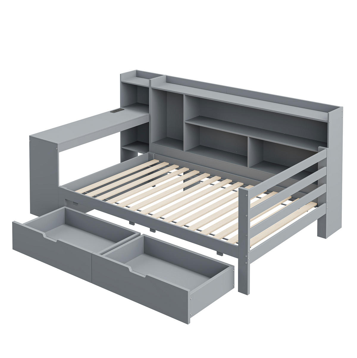 BETT 90/200 cm aus Massivholz in Grau – mit Schreibtisch, Regalen und 2 Schubladen - Grau, Holz (90/200cm) - BEAOK