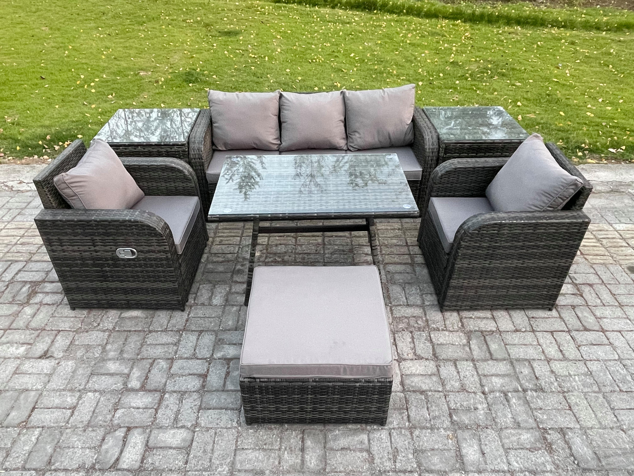 GARTENMÖBEL SET mit COUCHTISCH Polyrattan Dunkelgrau 6-Sitzer - Dunkelgrau/Grau, Glas/Kunststoff - Fimous