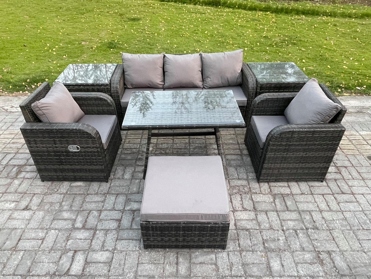 GARTENMÖBEL SET mit COUCHTISCH Polyrattan Dunkelgrau 6-Sitzer - Dunkelgrau/Grau, Glas/Kunststoff - Fimous