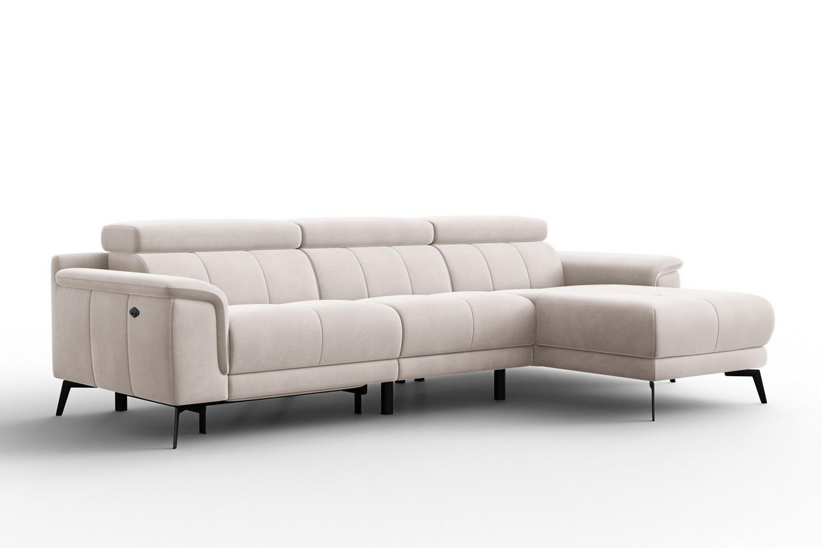 ECKSOFA FIERO 4-Sitzer RECHTS, Beiger Veloursstoff - Beige/Schwarz, Holz/Textil (288/170cm) - Courtois Laville