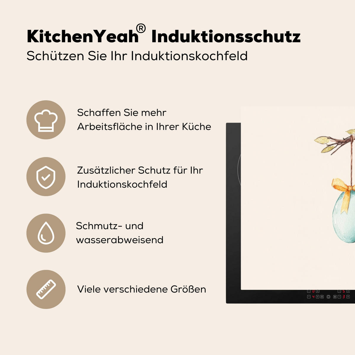 HERDABDECKPLATTE Osterkuchen - Schleife - Eier Induktionsmatte 83x51 cm - Creme, Kunststoff (83/51.5/0.2cm) - MuchoWow