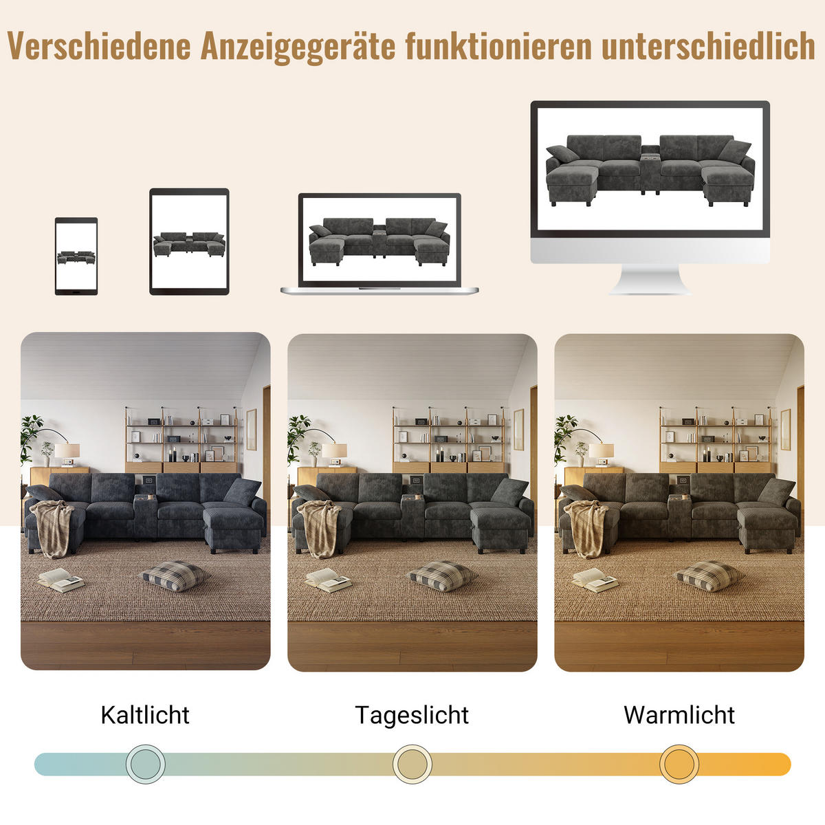 SOFA Grau U-Form Cord Stauraum USB Hocker 315cm Schlaffunktion - Grau, Textil (135/81/315cm) - FLIEKS