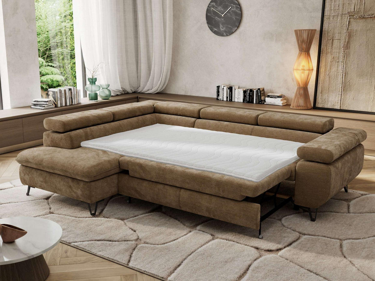 ECKSOFA PABLO L Braun Schenille glatt - Links Seite mit Visco Topper - Schwarz/Braun, Textil/Metall (208/273cm) - MKS