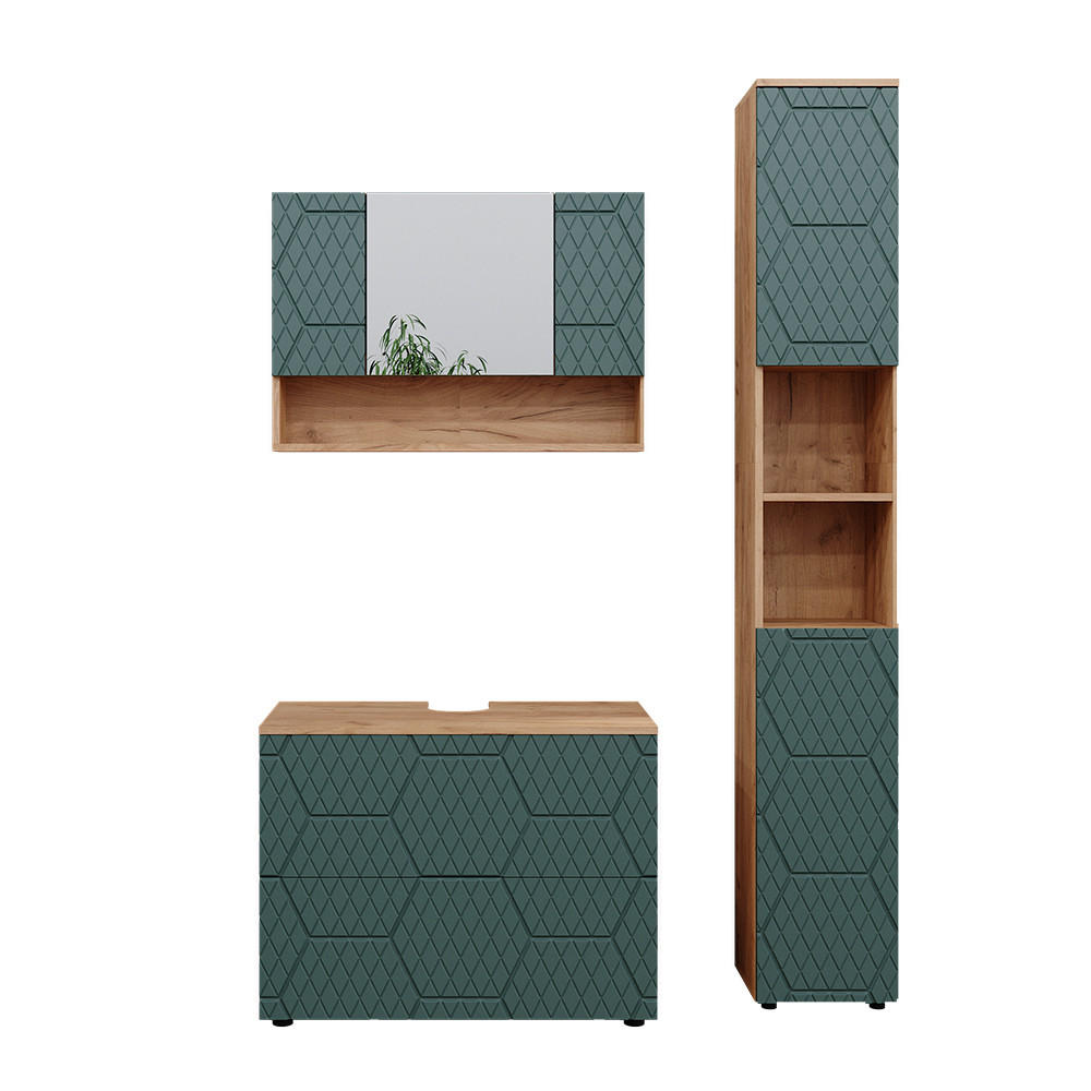 BADMÖBEL-SET Irma Grün 3 Teile, mit Spiegelschrank 80 cm - Eiche Wotan/Grün, Holzwerkstoff (80/58.6/41cm) - Vicco
