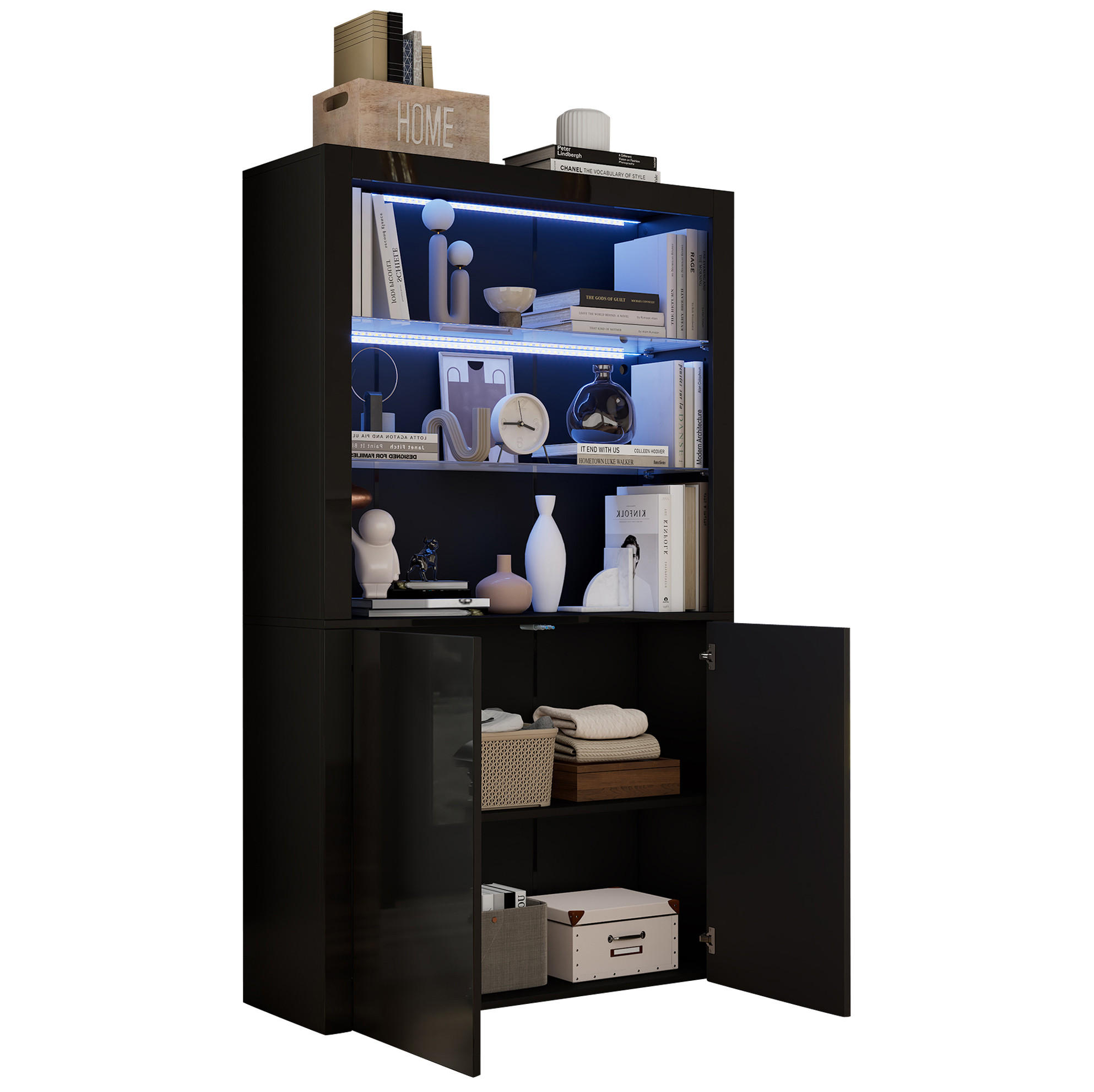 VITRINE 100/35/170 cm in Schwarz mit LED-Beleuchtung und Hochglanzfront - Schwarz, Holzwerkstoff (100/170/35cm) - Flora Grace