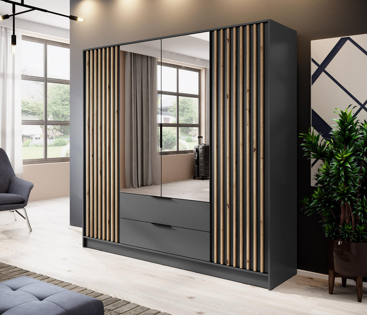 KLEIDERSCHRANK Stilo in Graphit, vier Türen, mit Spiegel und Lamellen an der Front - Schwarz/Graphitfarben, Holzwerkstoff/Kunststoff (206/200/51cm) - Ravio