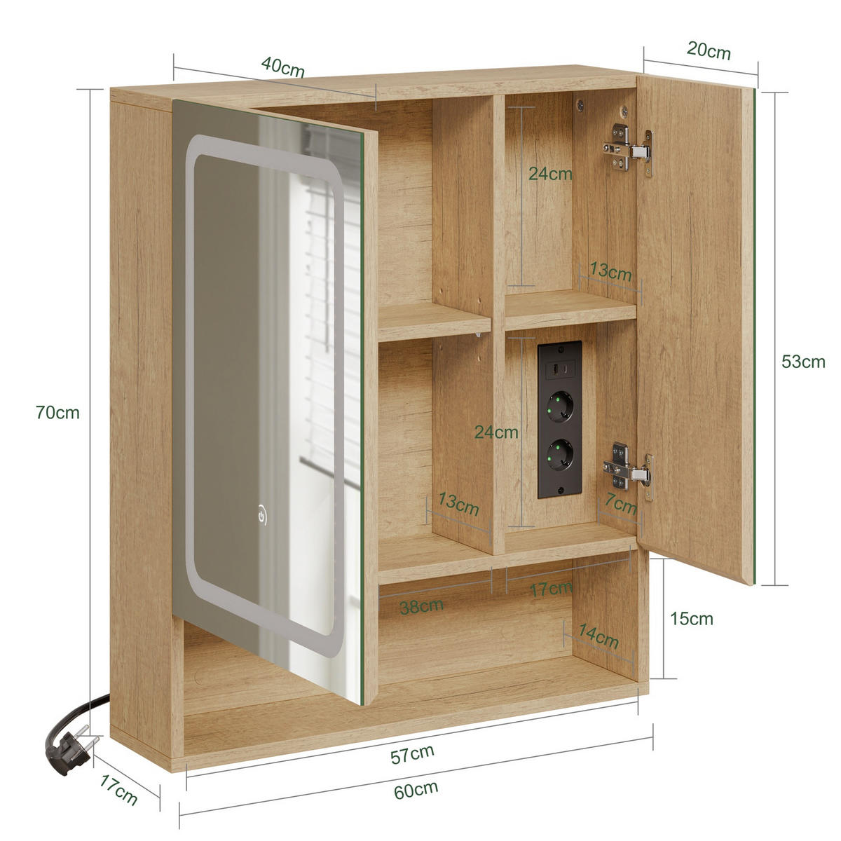 SPIEGELSCHRANK mit LED-Beleuchtung und Touch-Sensor BZR238-E-N - Ahornfarben/Weiß, Kunststoff/Fell (17/70/60cm) - SoBuy