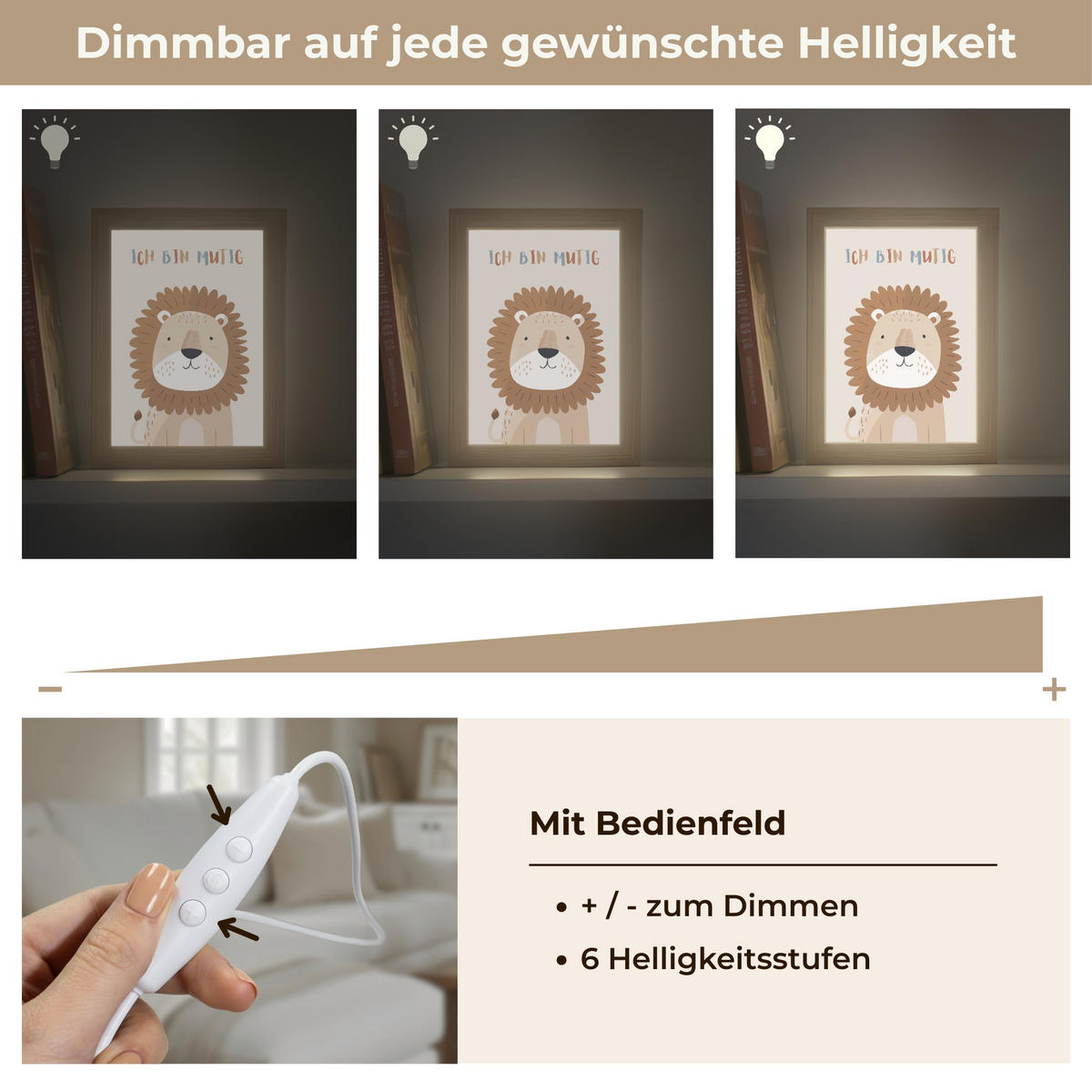 WANDLEUCHTE Löwe - Beige - Tier - Mutig - Zitat 15x20 cm - Beige, Holzwerkstoff (15/20/8cm) - OnlyWow
