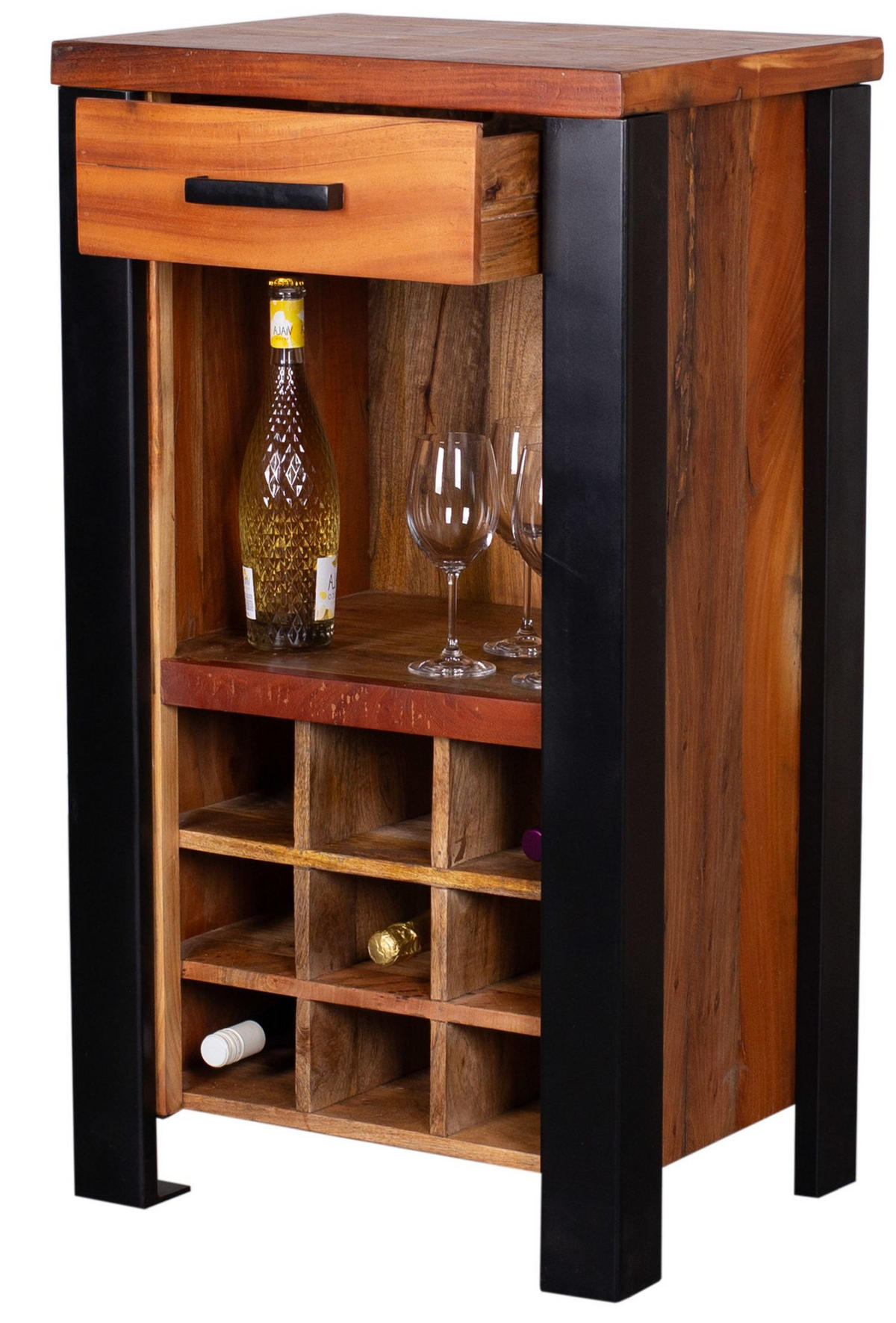 WEINKOMMODE Venosa Oldwood - 56 cm - Mangoholz - Schwarz/Braun, Holz/Metall (56/102/45cm) - bene living