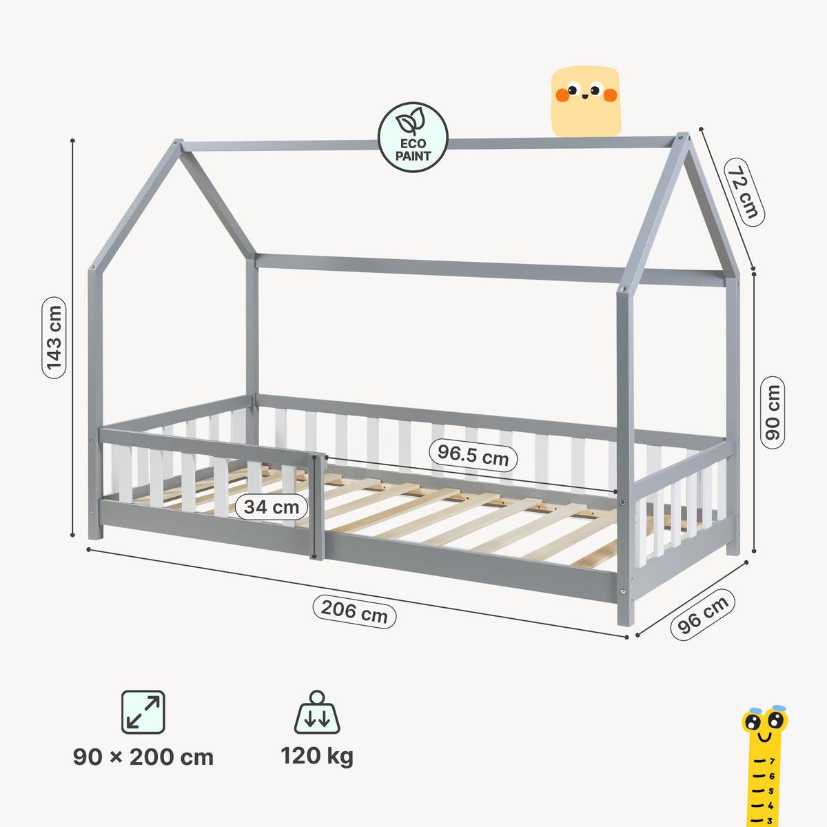HAUSBETT Hesel - Weiß/Grau, Holz (90/200cm) - [en.casa]