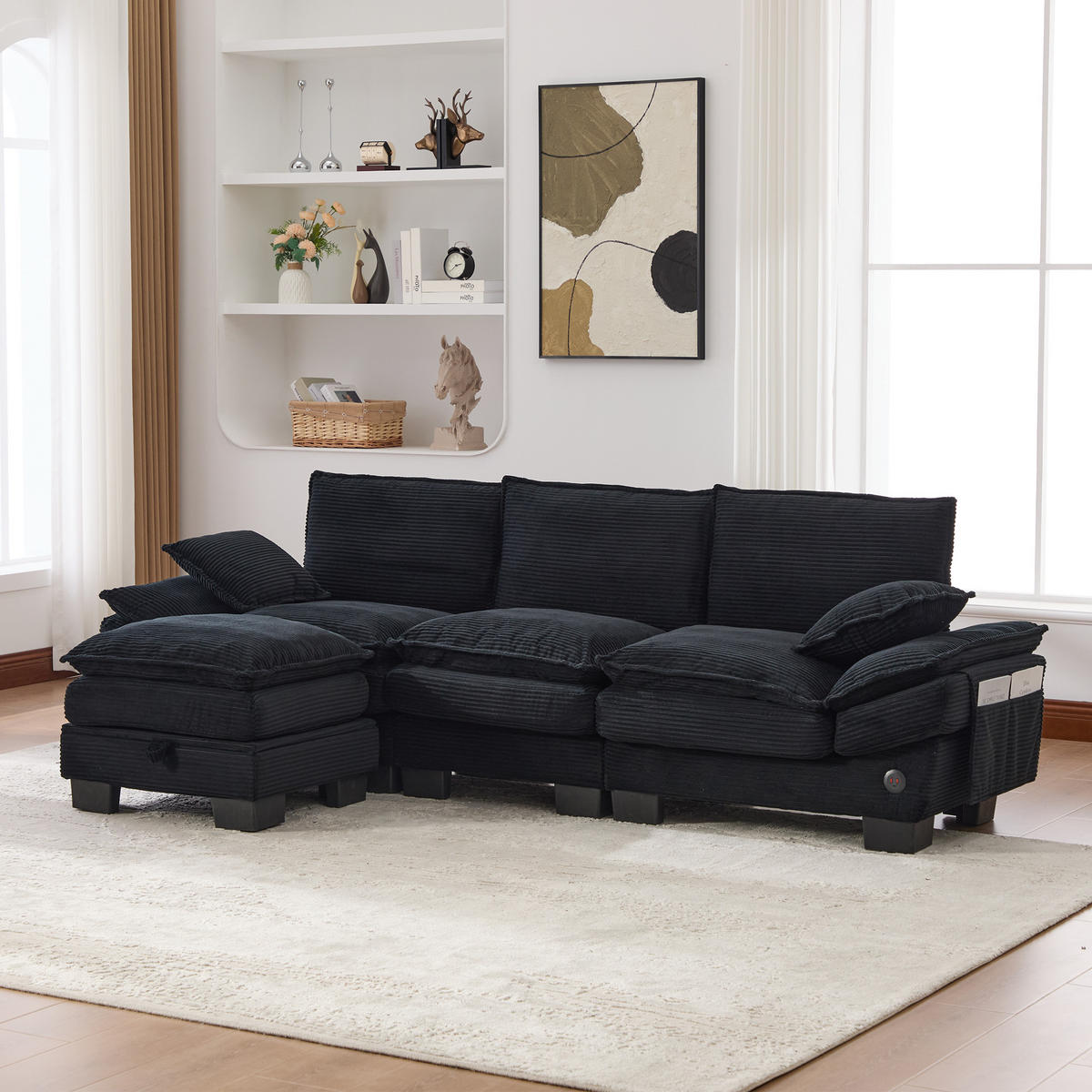 3-SITZER Sofa aus Cord 260x132x84 cm mit Hocker & USB-C, schwarz - Schwarz, Textil (132/84/260cm)