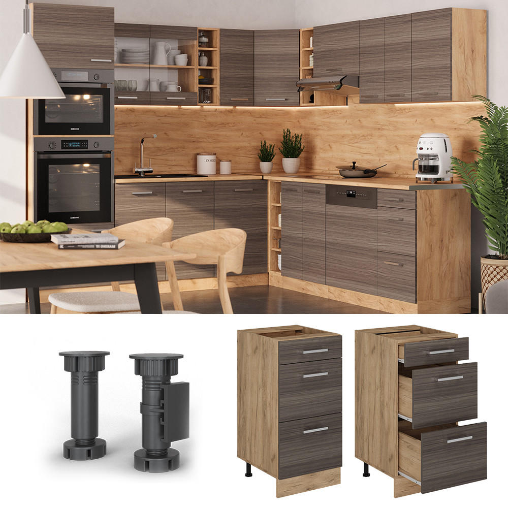 KÜCHENUNTERSCHRANK R-Line Edelgrau 40 cm mit Schubladen, AP Marmor - Honigeiche/Eiche Wotan, Holzwerkstoff (40/81.6/60cm) - Vicco