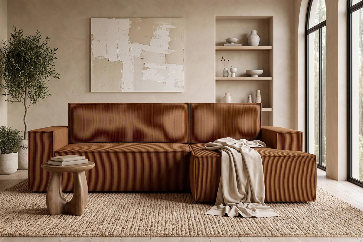 ECKSCHLAFSOFA-RECHTS NAPI in Pet Friendly Cord-Stoff, rot - Rot/Schwarz, Textil (262/148cm) - KONSIMO®