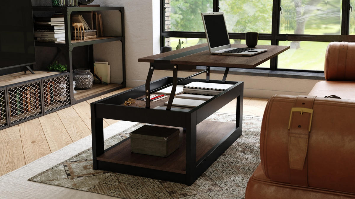 COUCHTISCH rechteckig Eiche dunkel Schwarz matt aufklappbar - Schwarz/Braun, Holzwerkstoff (66/112/45cm) - designimpex