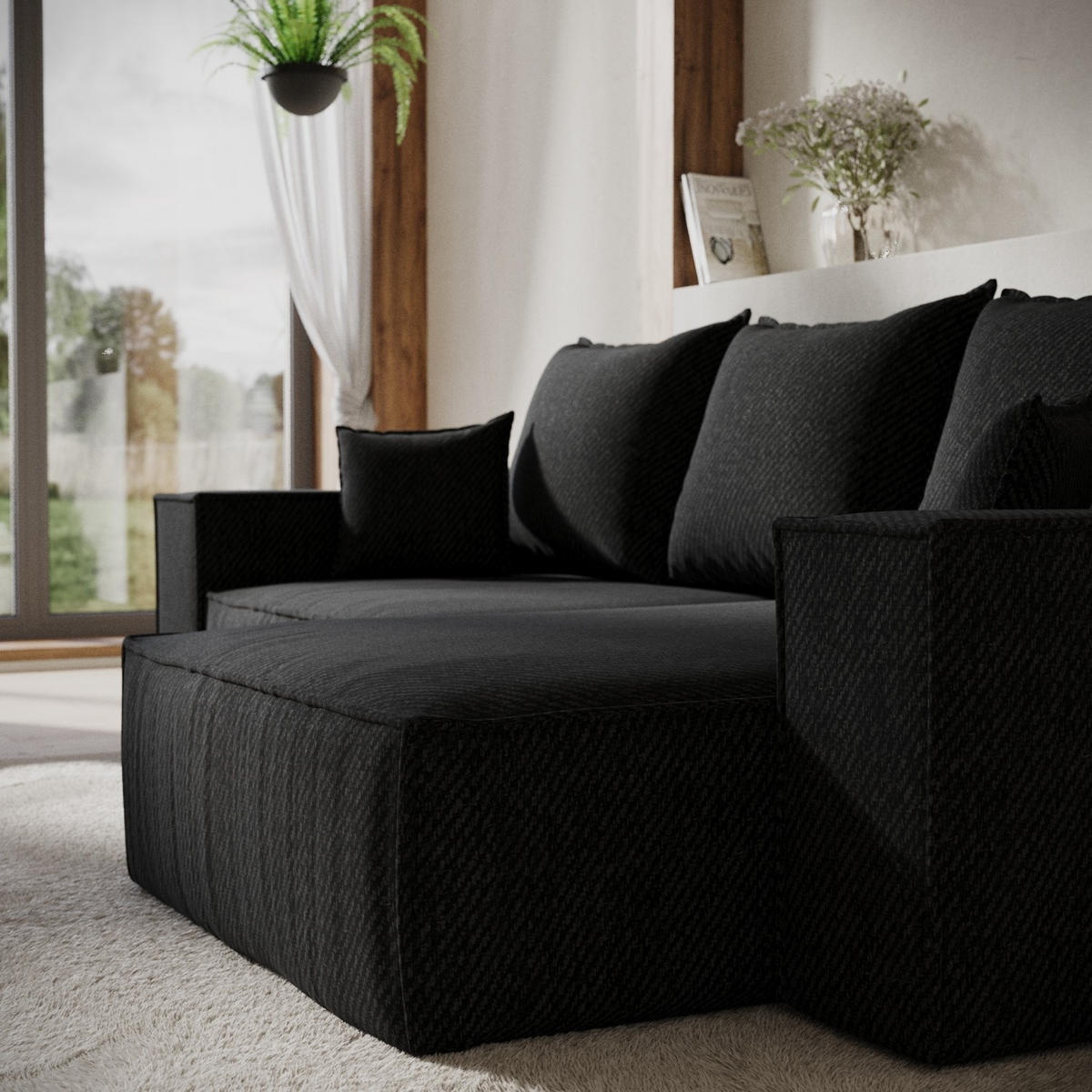 ECKSOFA SENSO mit Schlaffunktion Schwarz im Neve Stoff - Schwarz, Holz/Holzwerkstoff (255/148cm) - AltaBeds