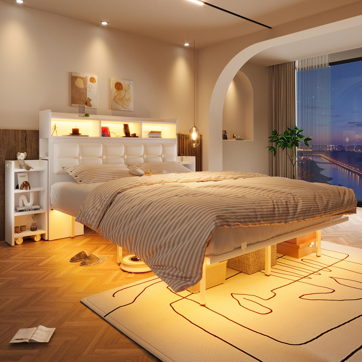 POLSTERBETT aus Metall 140x190 cm Weiß mit LED, USB-/USB-C-Ladestation und 2 ausziehbaren Nachttischen - Weiß, Metall (140/190cm) - Modfu