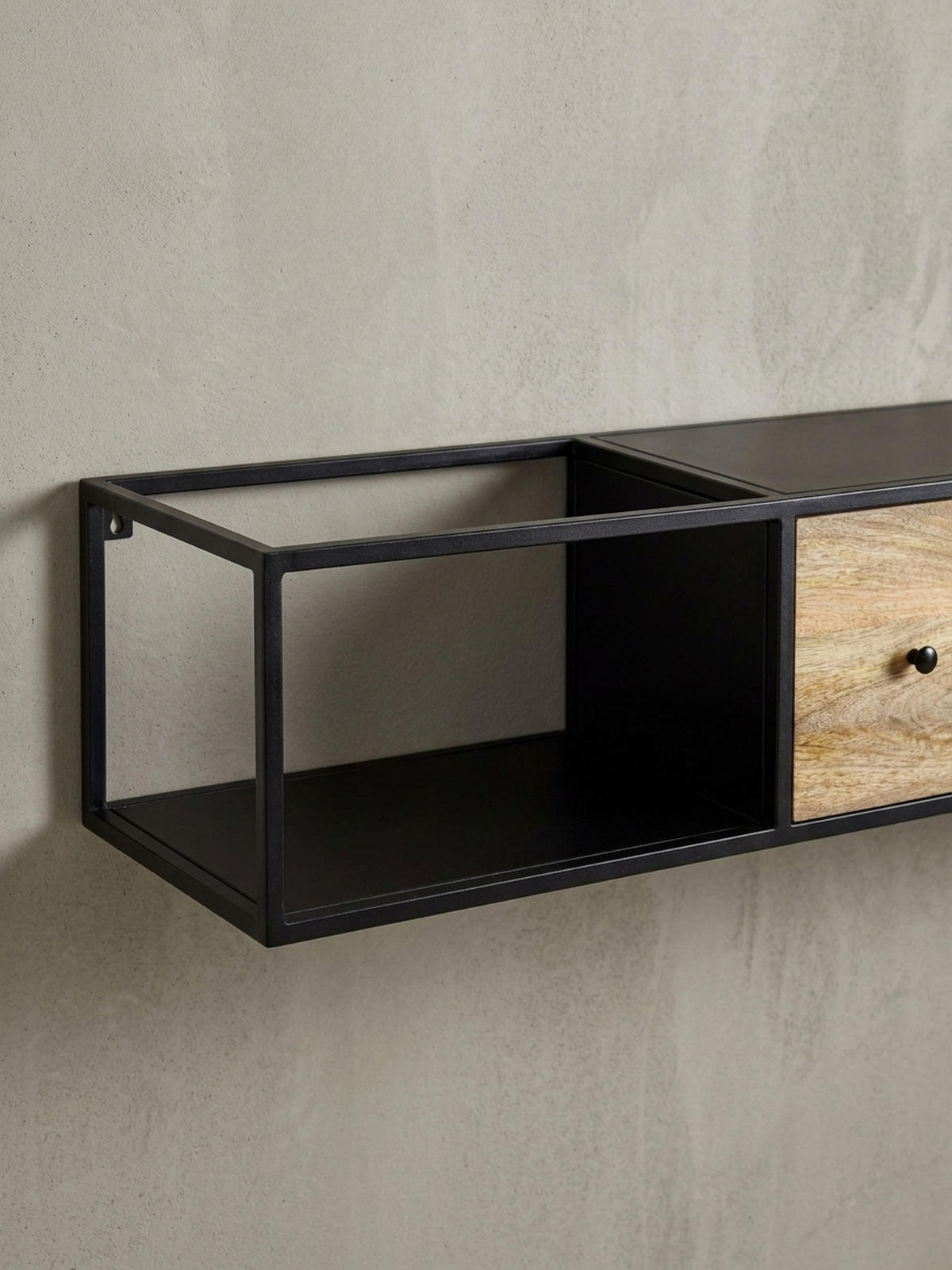 LOWBOARD Hängend Mango Massivholz Metall Modern Stil mit Schubladen und Rattan-Fronten - Schwarz, Holz/Metall (150/25/35cm) - KADIMA DESIGN