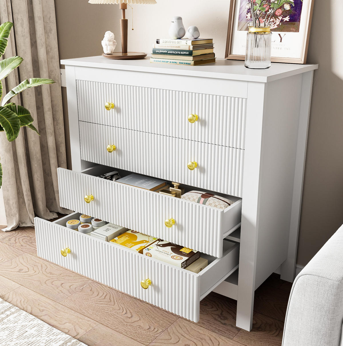 SIDEBOARD 79/39,5/80,5 cm aus Spanplatte mit 5 Schubladen und Goldgriffen Weiß - Weiß, Holzwerkstoff (79/80.5/39.5cm) - Modenvie