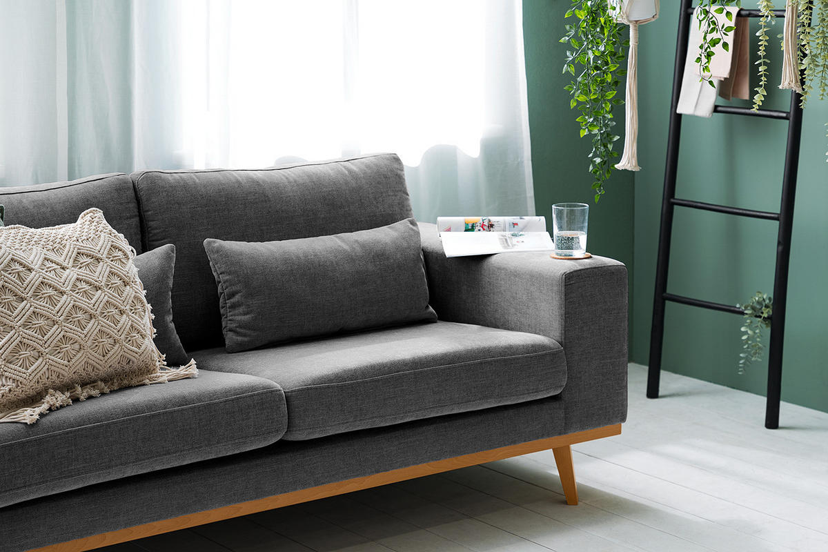 2-SITZER SOFA - Dunkelgrau/Buchefarben, Buchenholz/Textil (197/81/88cm) - home24