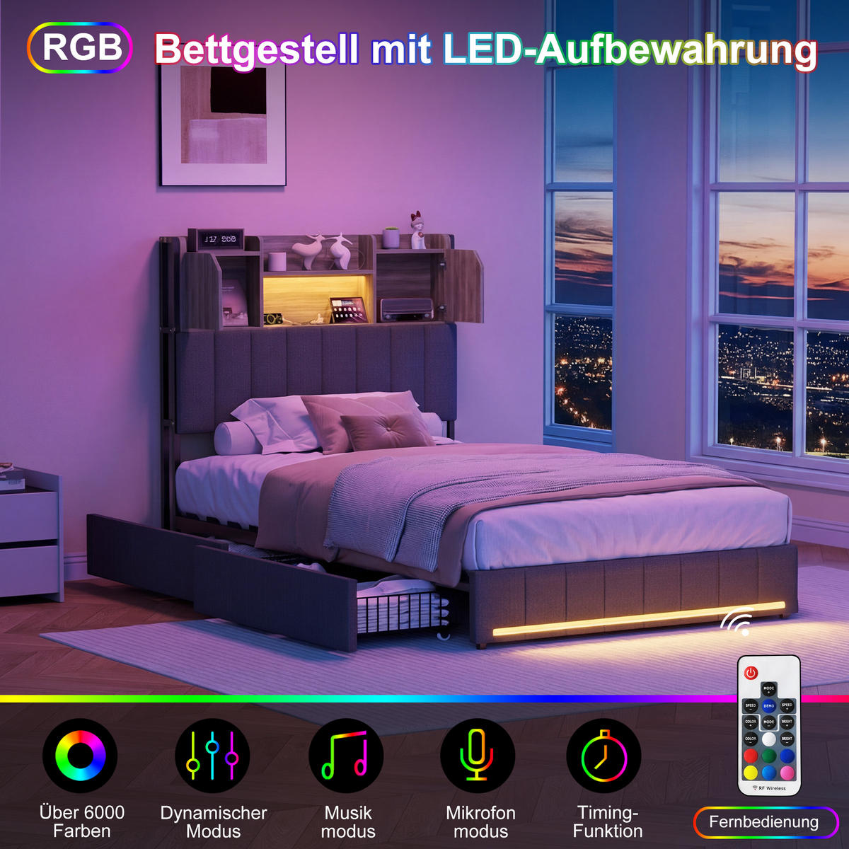POLSTERBETT 90x200 cm, grau, 2 Schubladen, LED RGB Kopf- & Fußteil, USB/USB-C - Grau, Metall (90/200cm) - EuroLiving