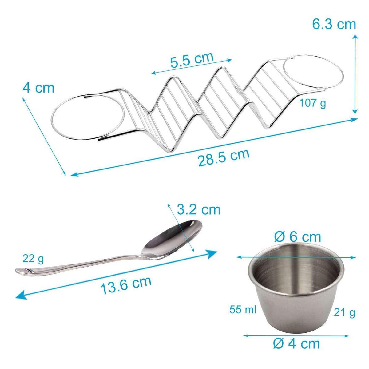 TACO HALTER inkl. 2 Soßenbecher 1 Löffel - Silberfarben, Metall (6.3/4/28.5cm) - Intirilife