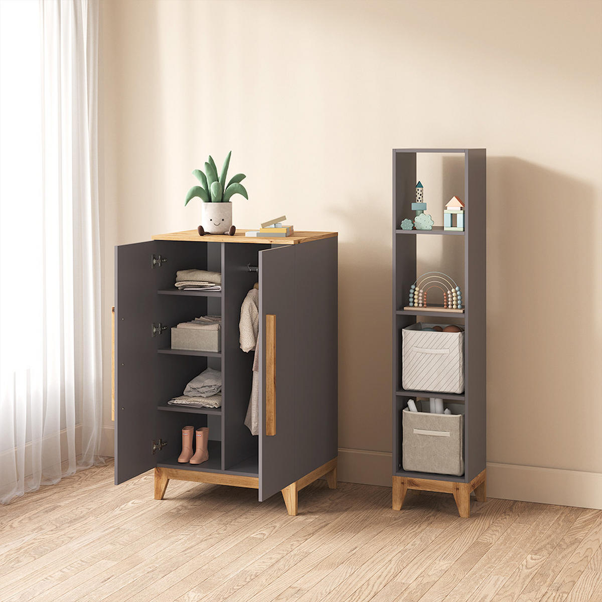 KINDERKLEIDERSCHRANK Mailo Grau/Artisan 70 x 120 cm XL mit 4 Schubladen - Eiche Artisan/Grau, Holzwerkstoff (70/120/53.4cm) - Livinity®