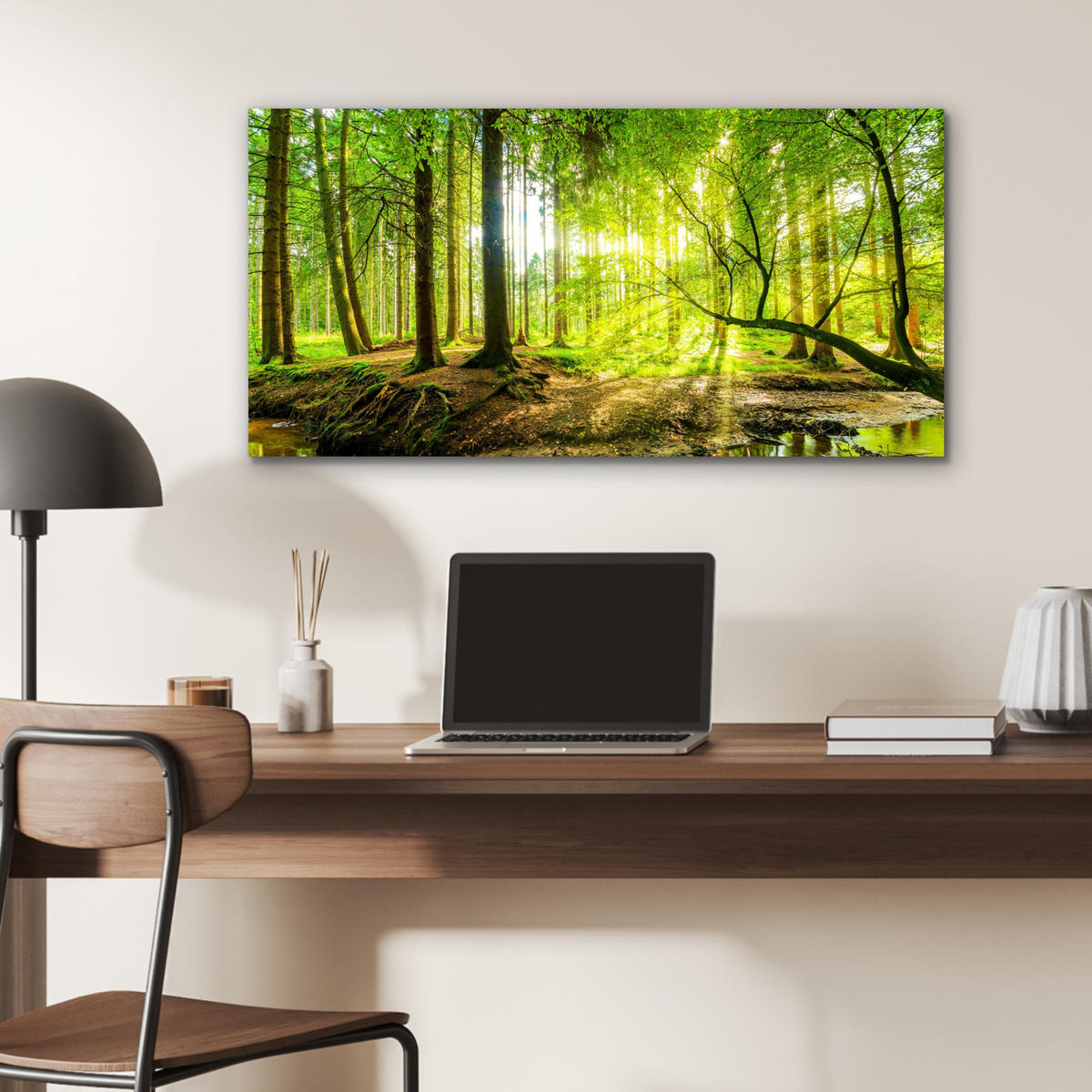 METALLBILD Wald - Landschaft - Wasser - Bäume - Sonne - Grün - Natur 80x40 cm - Grün, Metall (80/40cm) - MuchoWow