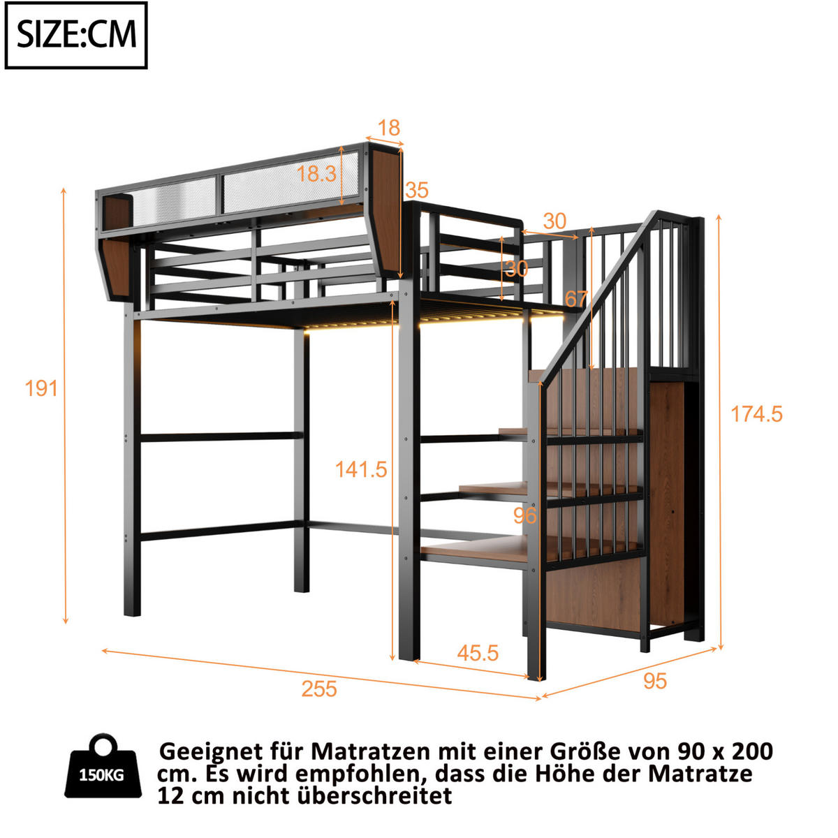 HOCHBETT 90/200 cm Schwarz mit LED und Sicherheitsleiter - Schwarz, Metall (90/200cm) - MIVRAY