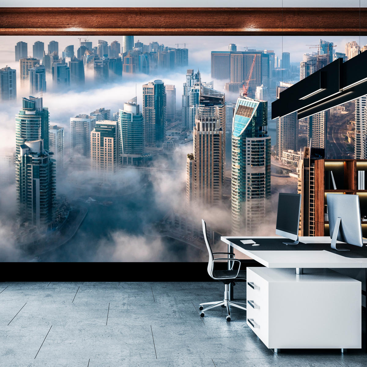 FOTOTAPETE für Büro Dubai Nebel Wolkenkratzer Skyline Panorama 500x350 - Blau/Beige, Papier (500/350cm) - Muralo
