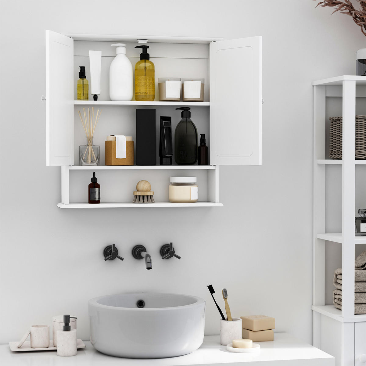 SPIEGELSCHRANK DE-15103 56/13/58 cm, verstellbares Regal Grau - Weiß, Holzwerkstoff (56/58/13cm) - ComfortXL