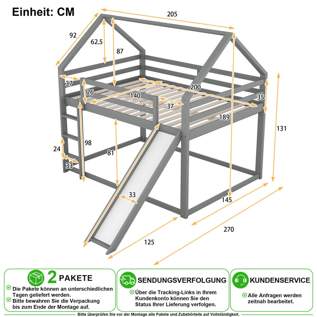 ETAGENBETT 140/200 cm & 140/200 cm in Grau mit Rutsche und Leiter - Grau, Holz/Holzwerkstoff (140/200cm) - CHICFURN