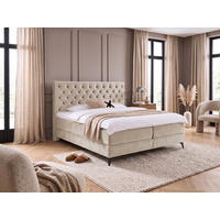 BOXBETT Amber Beige 200/200 cm Samt mit Bettkasten, mit Matratze, mit Premium Topper H2/H3 - Beige/Schwarz, Textil (200/200cm) - wonello