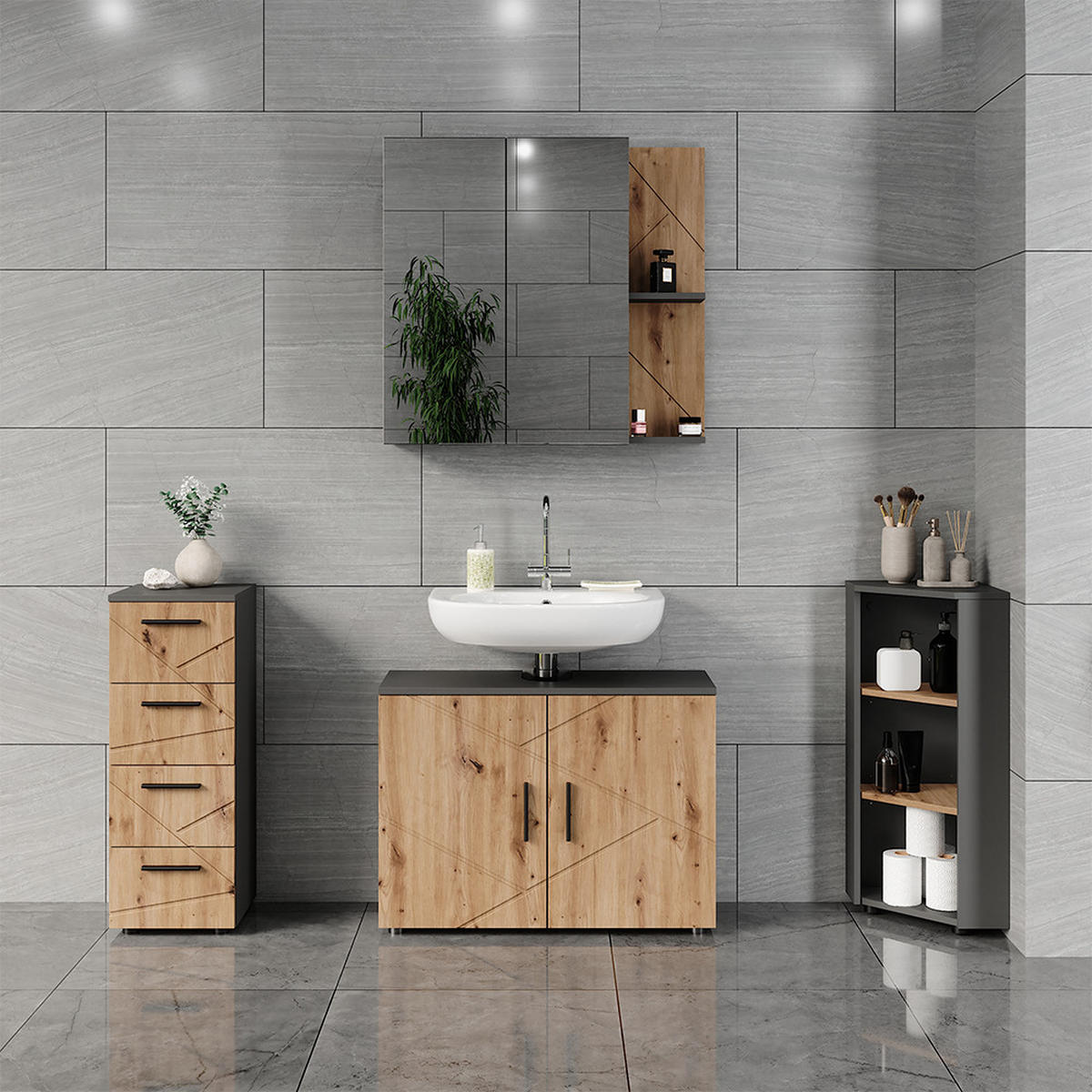 MIDISCHRANK Irma Anthrazit/Artisan 30 x 81 cm mit 4 Schubladen - Anthrazit/Eiche Artisan, Holzwerkstoff (30/81/30cm) - Vicco