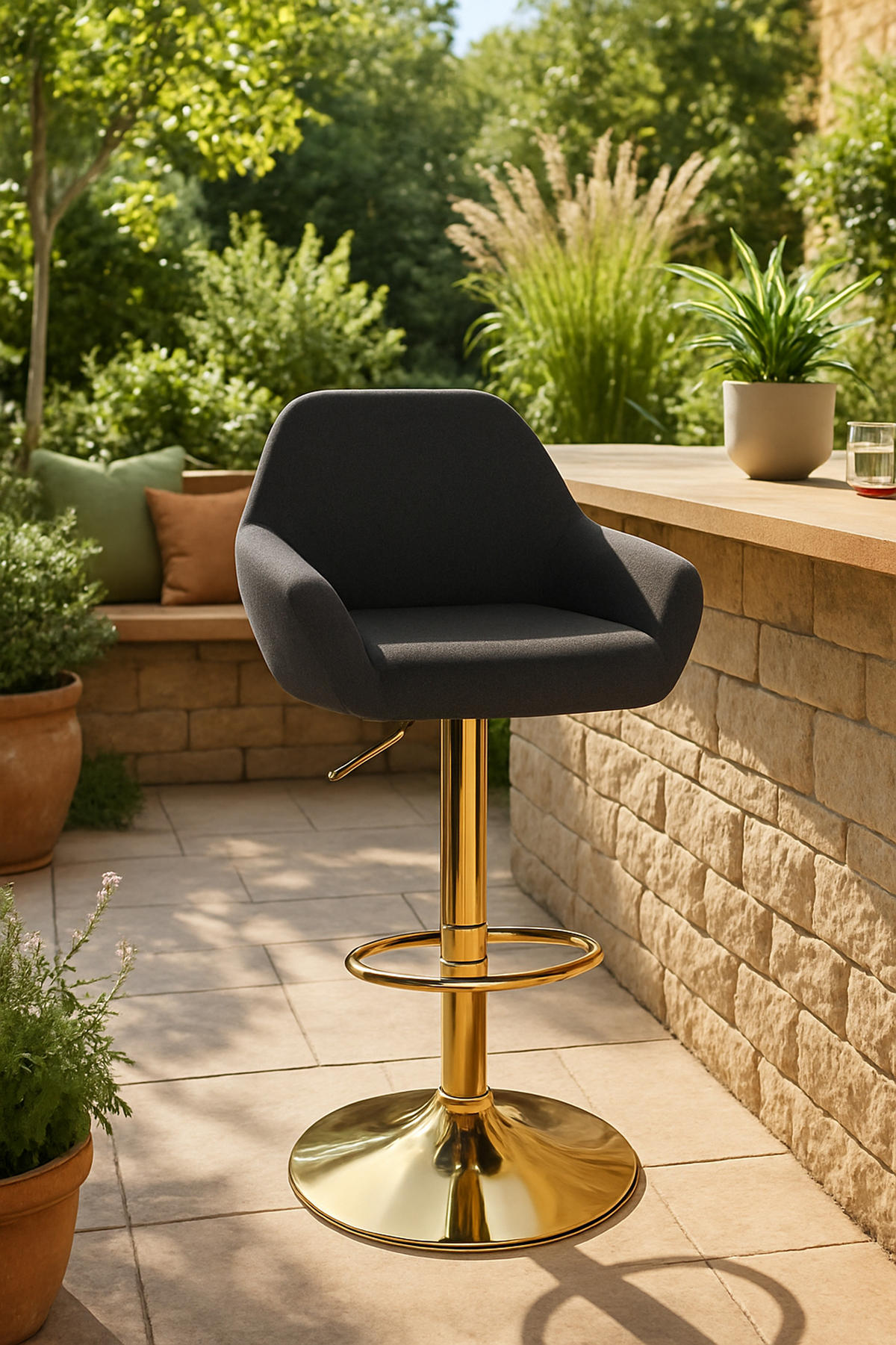 BARHOCKER 2er Set Prag Gold Stoff schwarz - Goldfarben/Schwarz, Textil/Metall (51/109/52cm) - TPFLiving